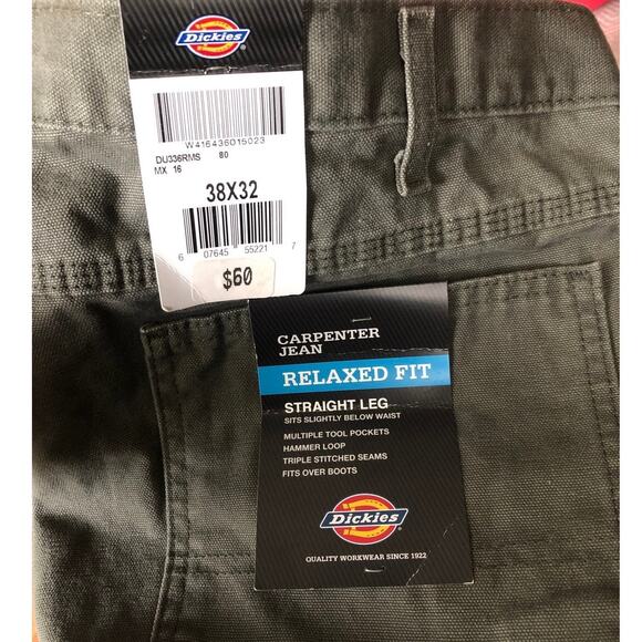NWT Dickies Carpenter jean relaxed fit straight fit green size 38 x 32 - Picture 6 of 12